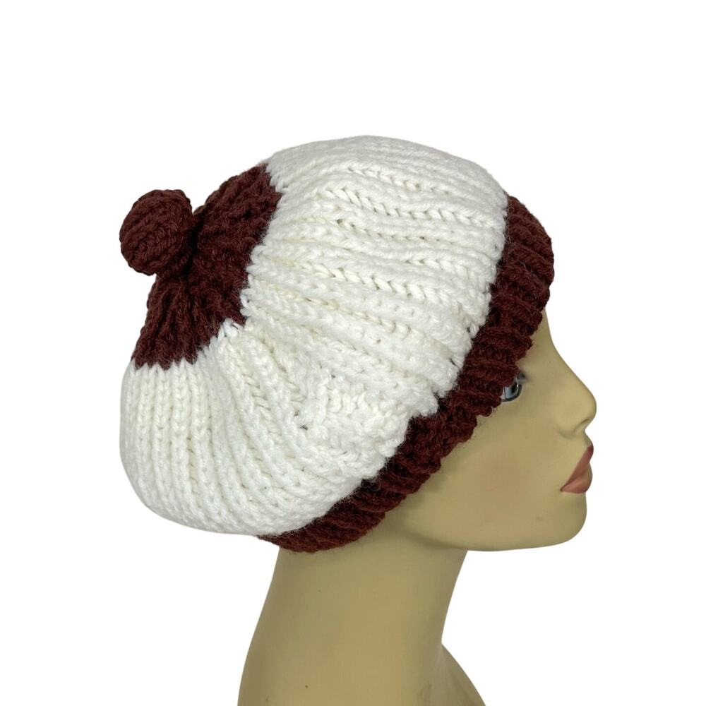Vintage 70s Crochet Knit Beret w/ Pom Cream Maroon European Handmade Beatnik